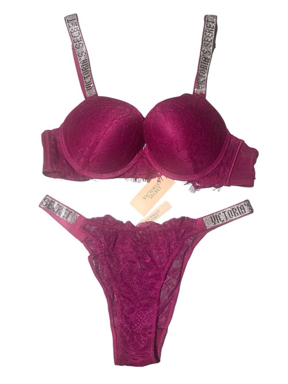 NWT Victoria's Secret Lace Shine Strap Bra & Panty Set Magenta 38B + XL